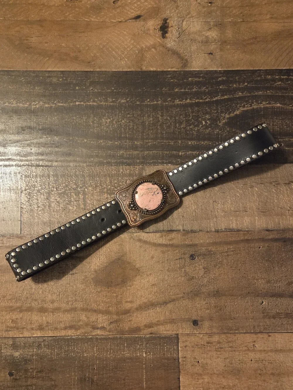 Vintage Y2K Genuine Leather Studded BEBE Belt Western Pink Rhodonite Buckle M/L